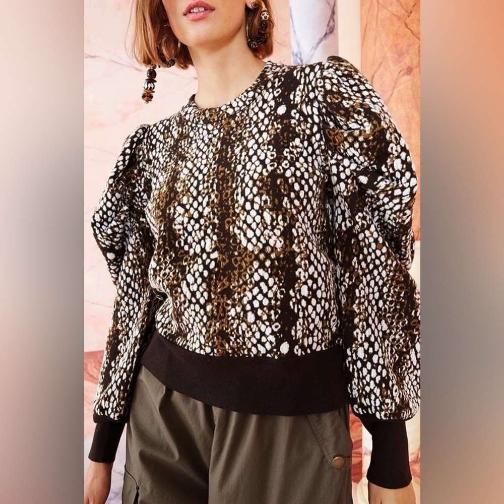 Ulla Johnson Black, White & Brown Printed Puff-Sleeve Crewneck Sweater